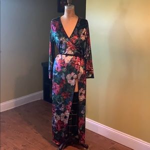 VELVET FLORAL LONG WRAP DRESS ZARA